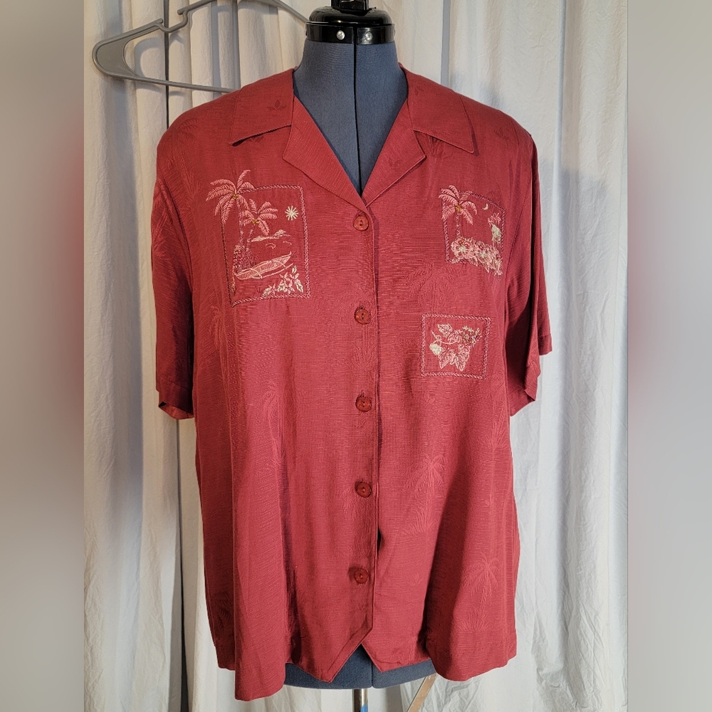 Women's Red Embroidered & Beaded Hawaiian Shirt
